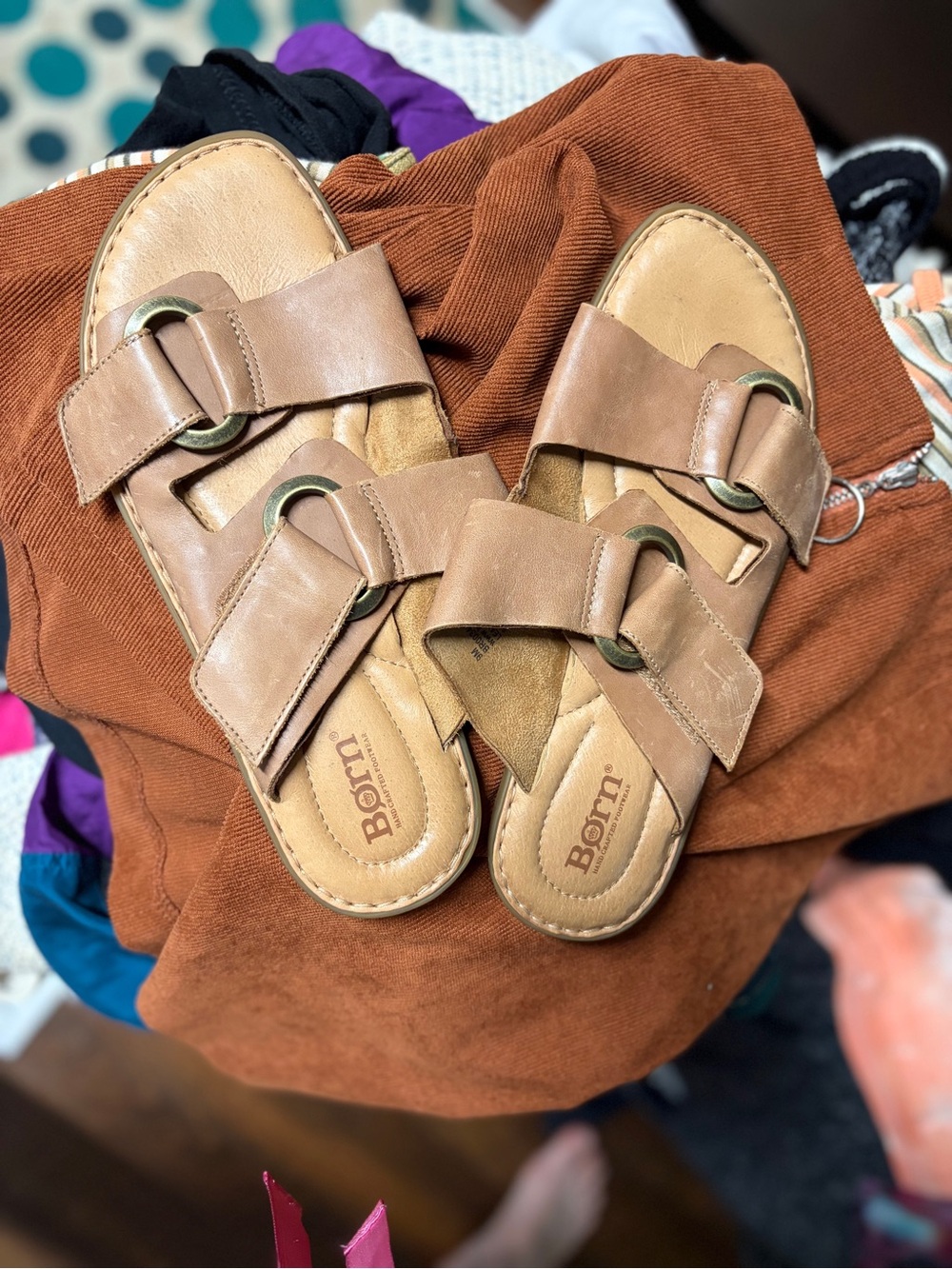 Børn Tan Leather Double Strap Slide Sandals - Ring Hardware - Size 9M